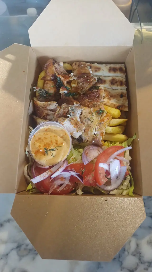 Open Athens Original Gyros box with grilled protein, fries and salad